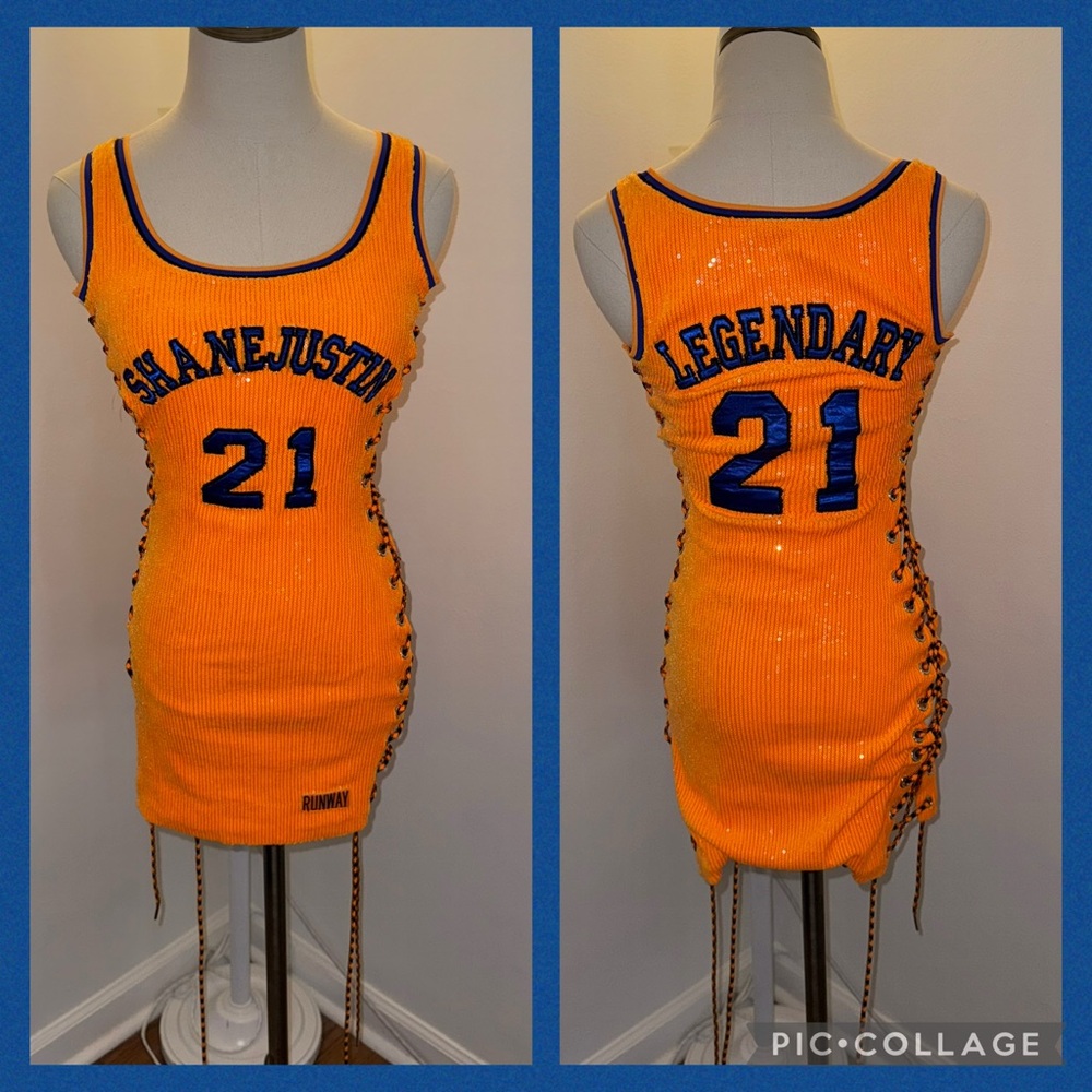 Shane Justin Small Neon Orange and Blue Legendary Jersey Sequin Mini Dress